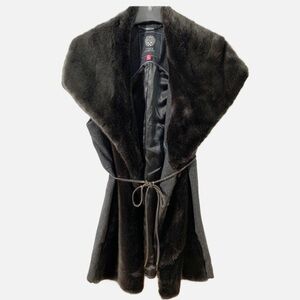 Vince Camuto Wide Collar Faux Fur Wool Blend Vest Fully Lined Cord Tie Waist